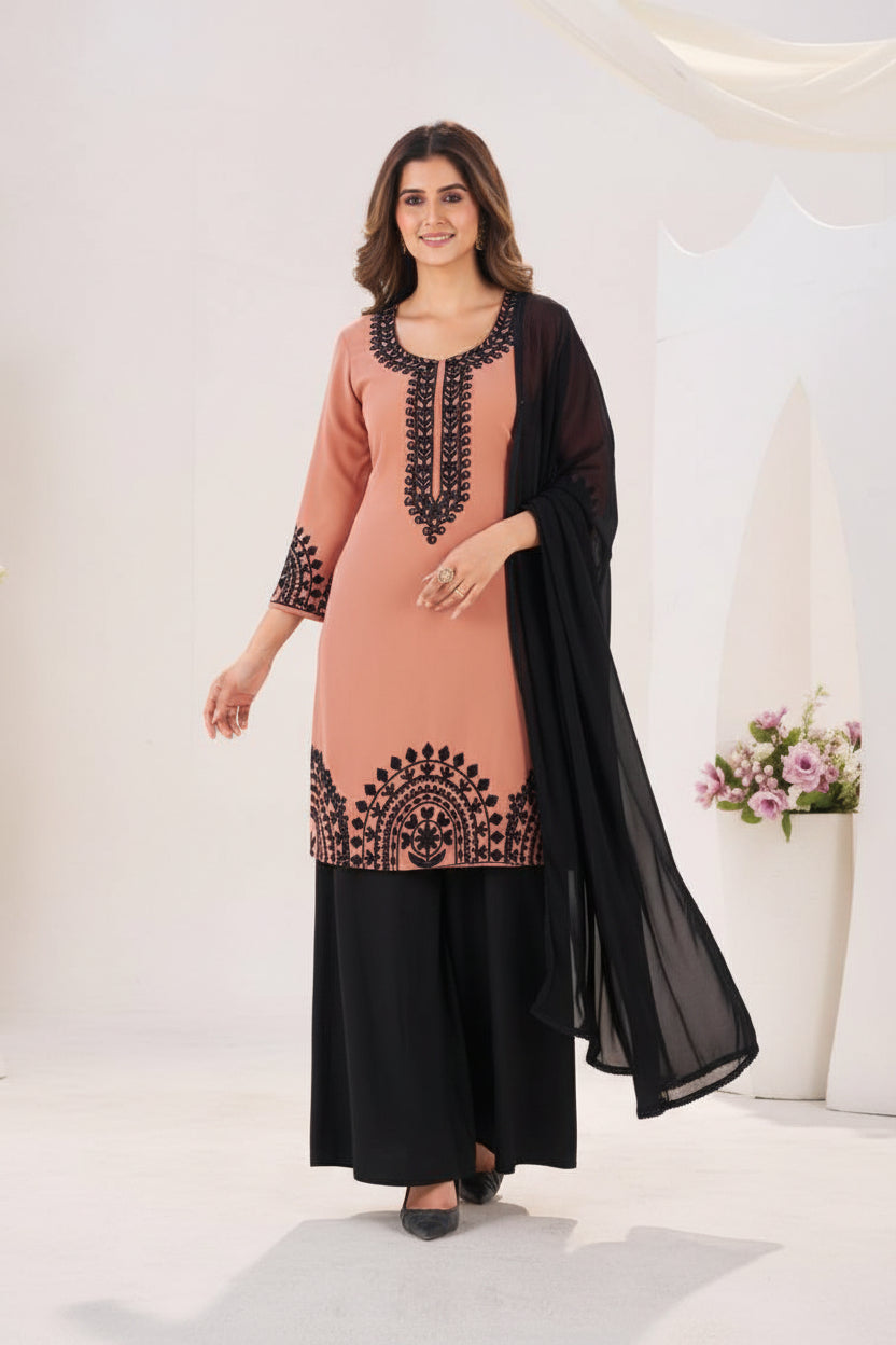 Black Forest Georgette Threadwork Kurti Pant And Dupatta