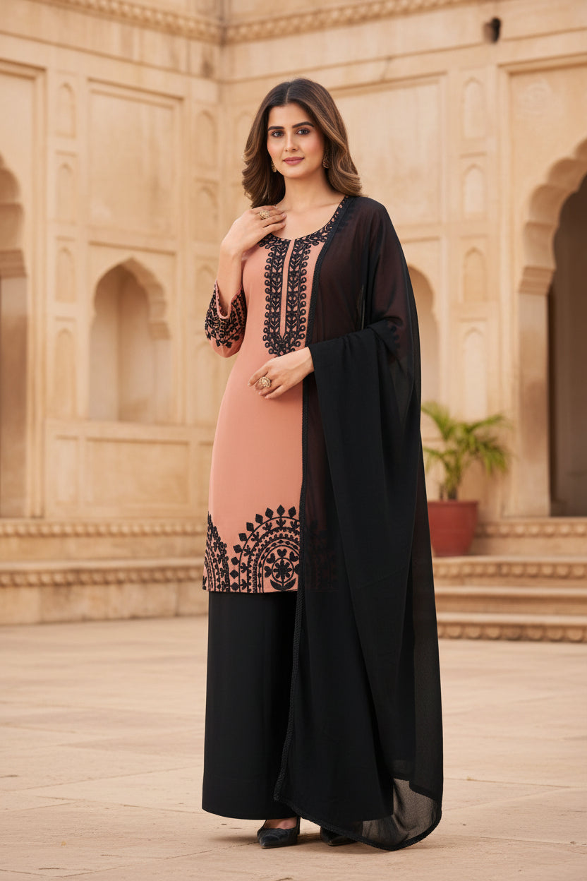 Black Forest Georgette Threadwork Kurti Pant And Dupatta