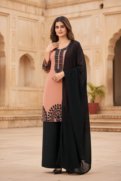 Black Forest Georgette Threadwork Kurti Pant And Dupatta