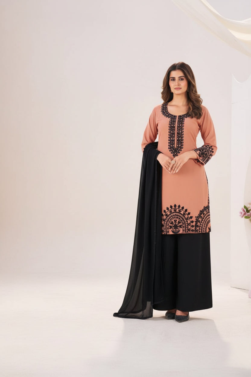 Black Forest Georgette Threadwork Kurti Pant And Dupatta