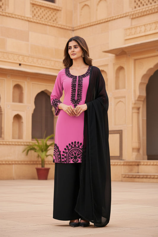 Black Forest Georgette Threadwork Kurti Pant And Dupatta