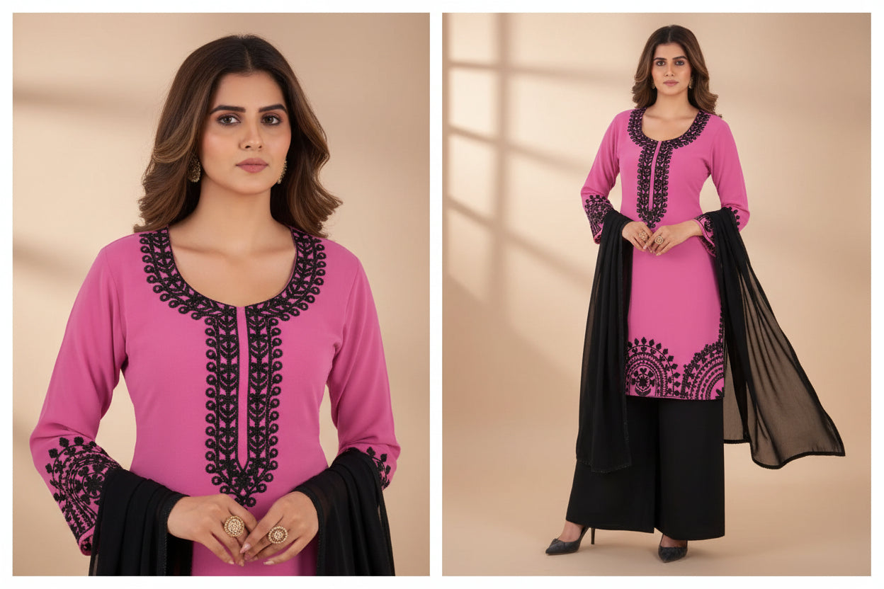 Black Forest Georgette Threadwork Kurti Pant And Dupatta