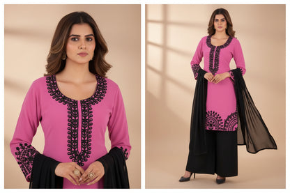 Black Forest Georgette Threadwork Kurti Pant And Dupatta