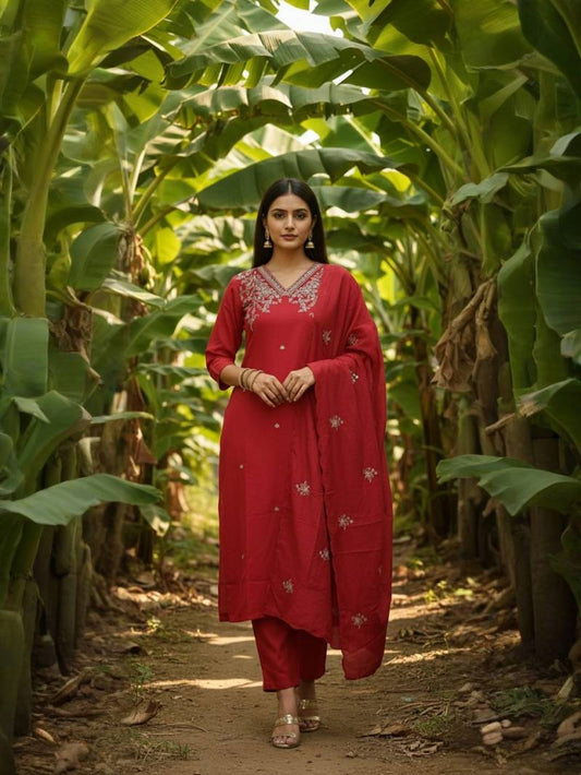 Navya Kurti Silk Blend Embroidery Worked Kurti With Bottom Dupatta