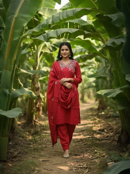 Navya Kurti Silk Blend Embroidery Worked Kurti With Bottom Dupatta