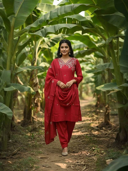 Navya Kurti Silk Blend Embroidery Worked Kurti With Bottom Dupatta