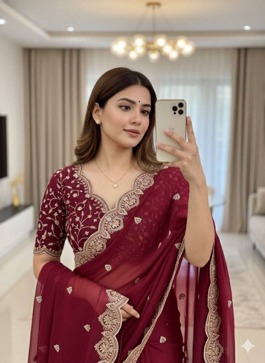 Pink Georgette Stylish Embroidered Georgette Saree