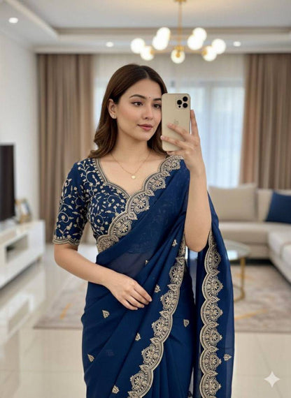 Blue Star Georgette Stylish Embroidered Georgette Saree