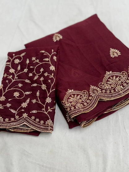 Maroon Georgette Stylish Embroidered Georgette Saree