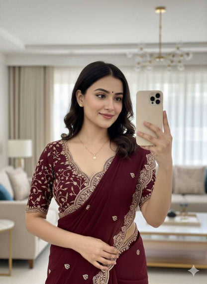Maroon Georgette Stylish Embroidered Georgette Saree