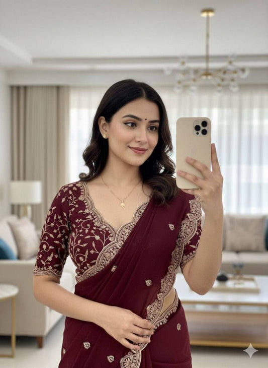 Maroon Georgette Stylish Embroidered Georgette Saree