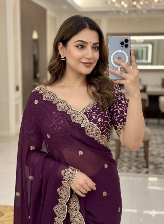 Purple Floral Georgette Stylish Embroidered Georgette Saree