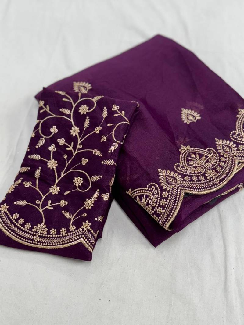 Purple Floral Georgette Stylish Embroidered Georgette Saree