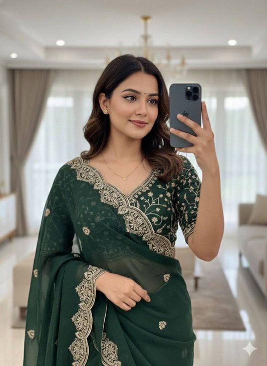 Green Georgette Stylish Embroidered Georgette Saree