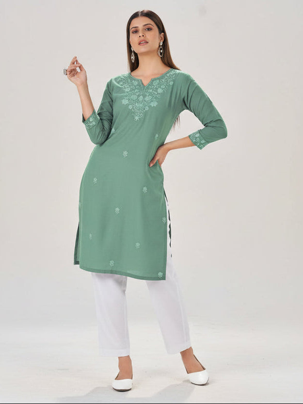 Women’s Straight Kurti with Embroidery | Ethnic Daily Wear ( Kurti Only )