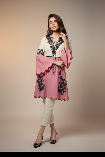 Pink and White Embroidered Jam Satin Readymade Suit with Dupatta