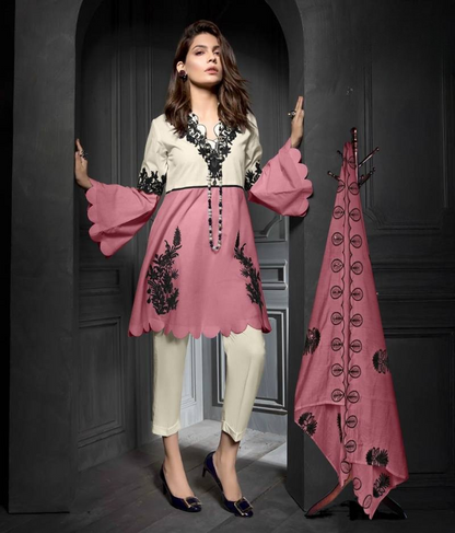 Pink and White Embroidered Jam Satin Readymade Suit with Dupatta
