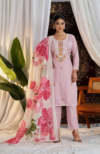 Elegant Lavender Pink Rayon Embroidered Suit Set with Floral Printed Dupatta – Unstitched (3-Piece)