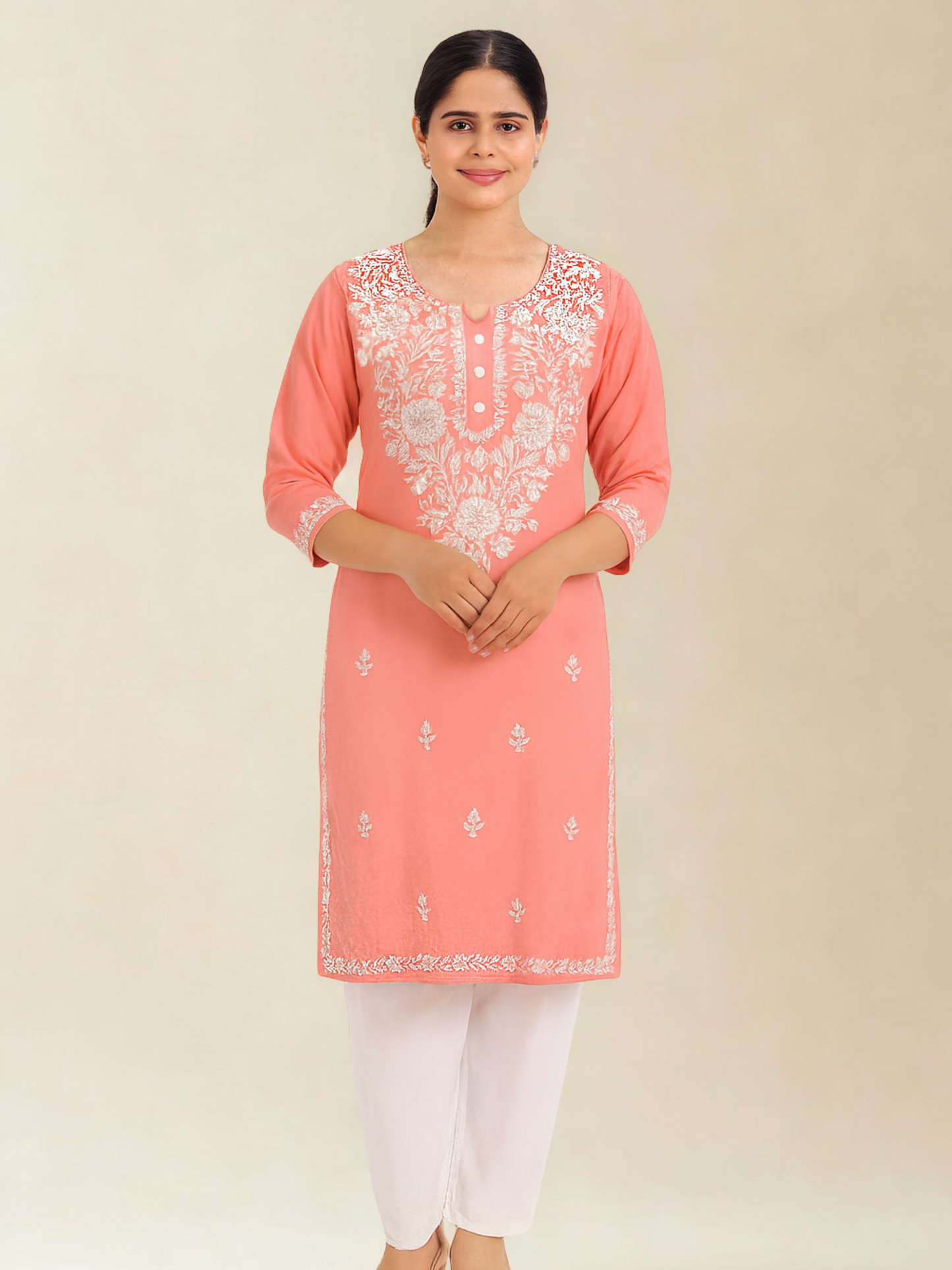 Peach Rayon Kurti Set with White Thread Embroidery | Side Cut Design