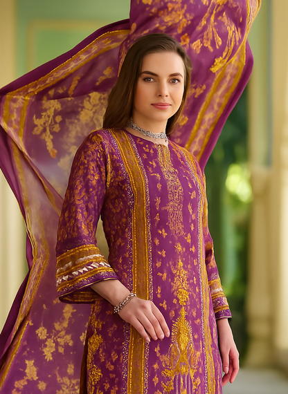 Plum Cotton Suit with Zarkan Handwork & Mal Mal Dupatta – Elegant 3 Piece Set Unstitched