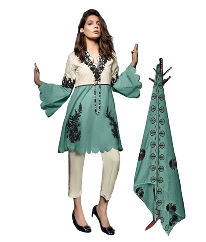 Blue & White Embroidered Jam Satin Readymade Suit with Dupatta – Elegant Festive Wear