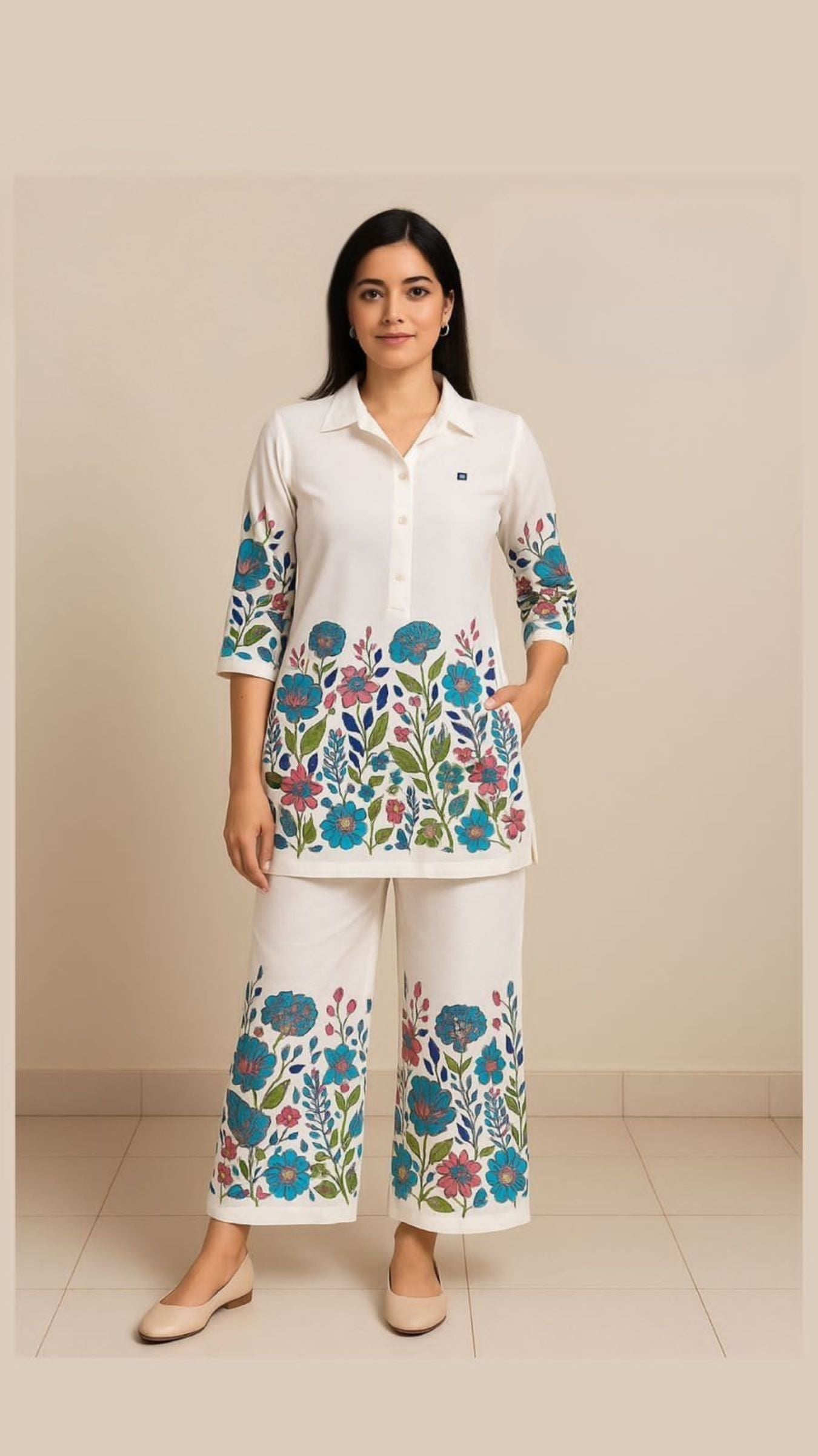 White & Blue Floral Printed Cotton Co-ord Set for Women – Stylish Kurta and Pant Set