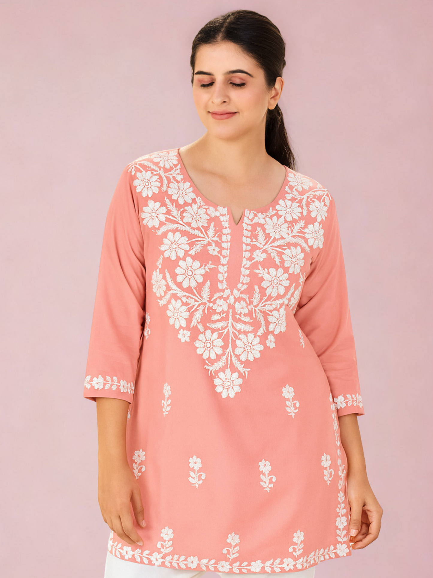 Peach Rayon Kurti Set with White Thread Embroidery | Side Cut Design