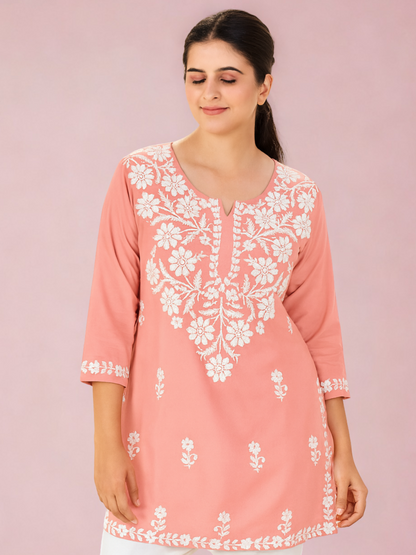 Peach Rayon Kurti Set with White Thread Embroidery | Side Cut Design