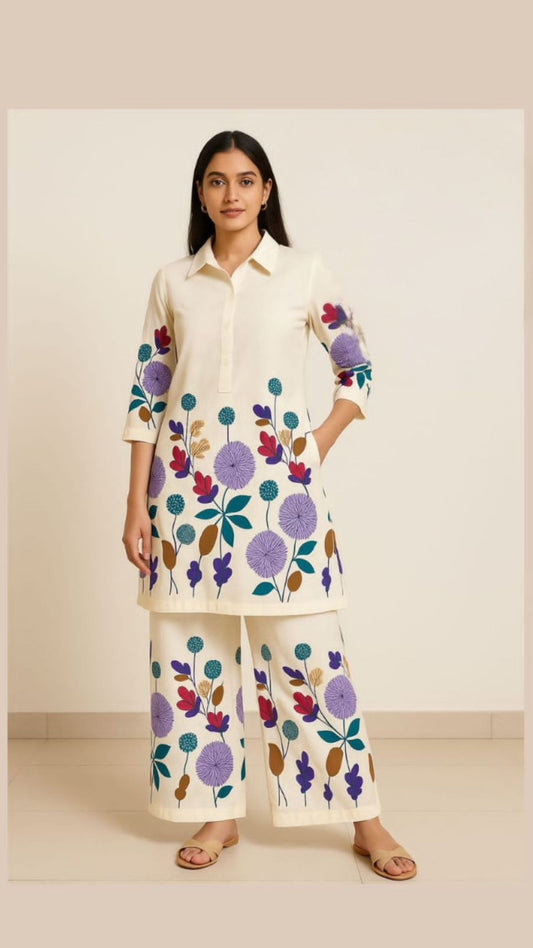 Ivory & Multicolor Floral Printed Cotton Co-ord Set for Women – Stylish Kurta and Wide-Leg Pants