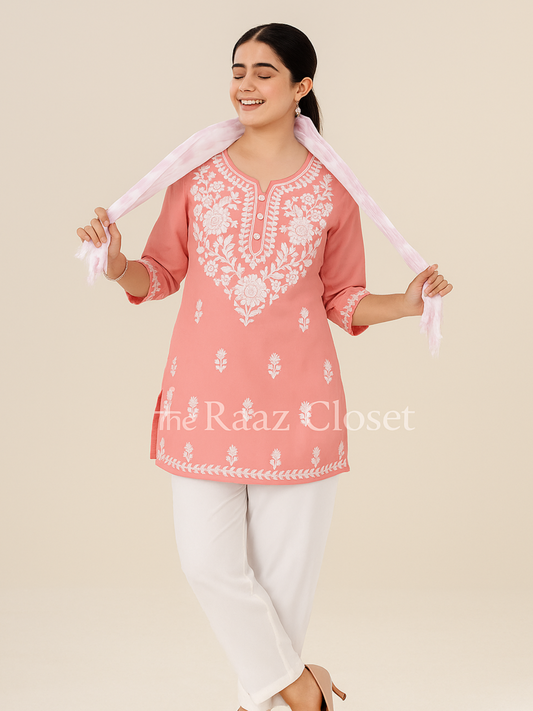 Peach Rayon Kurti Set with White Thread Embroidery | Side Cut Design