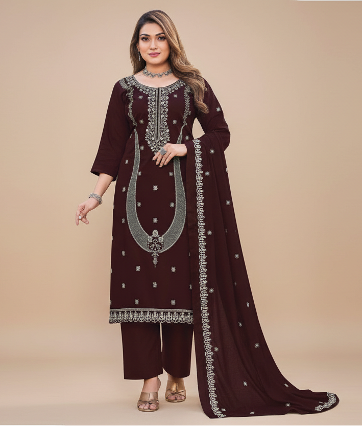 Woman wearing a maroon embroidered traditional outfit on a beige background