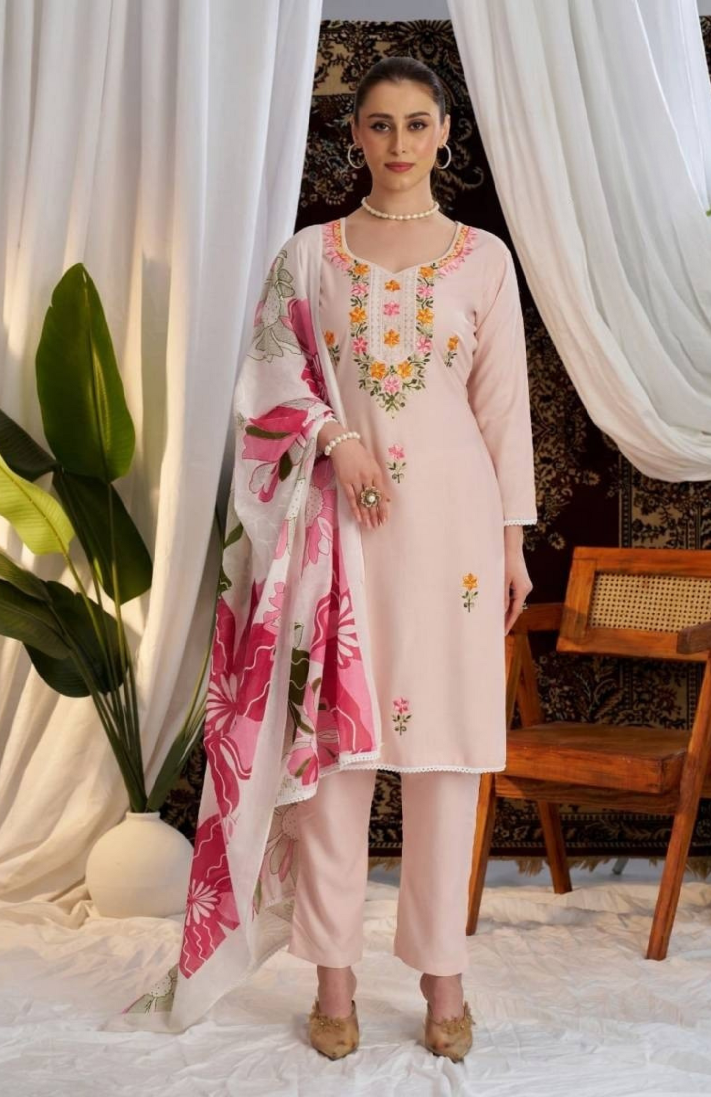 Premium Rayon Suit Set with Embroidery & Lace Dupatta – Unstitched 3-Piece