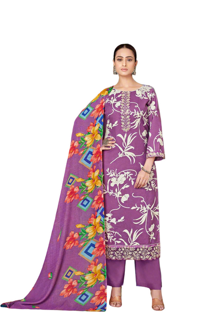 Purple Unstitched Cambric Suit Set with Elegant Embroidery and Floral Printed Dupatta