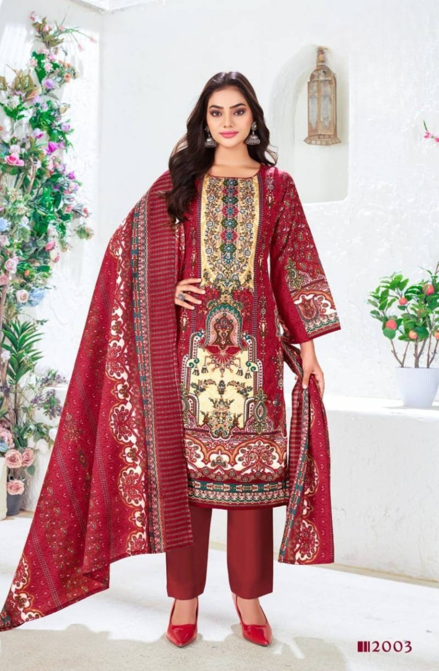 Maroon Pakistani Digital Print Unstitched Cotton Suit Set for Women
