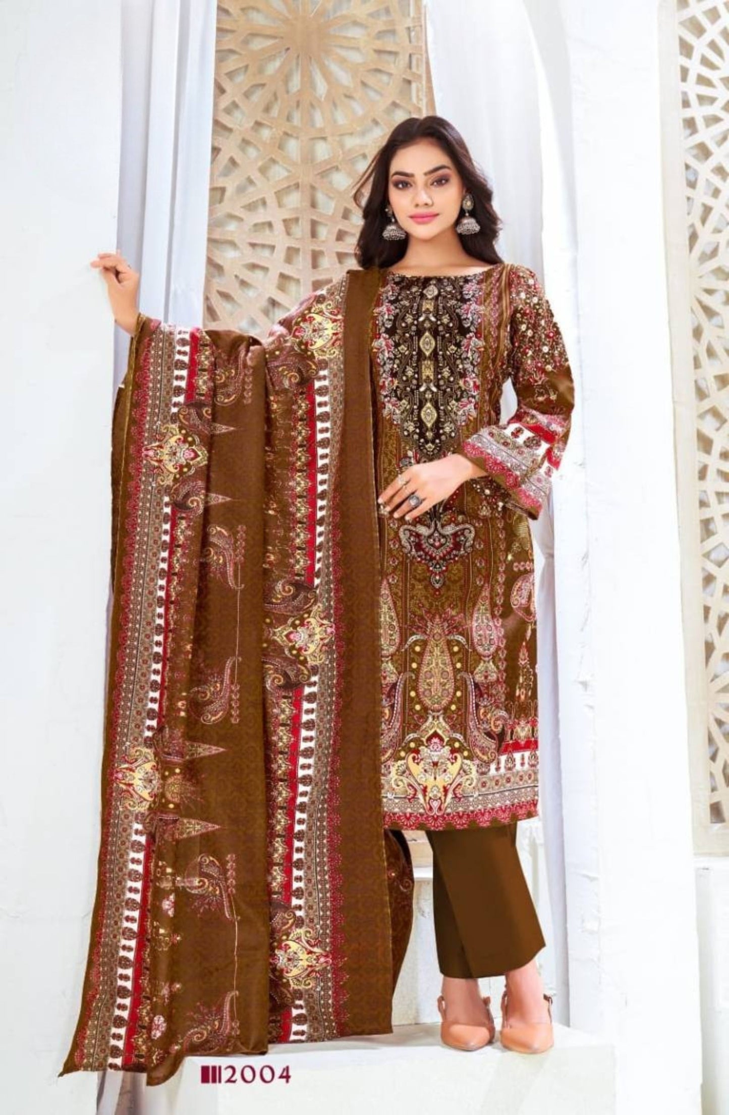 Premium Pakistani Printed Cotton Suit in Brown – Unstitched Dress Material