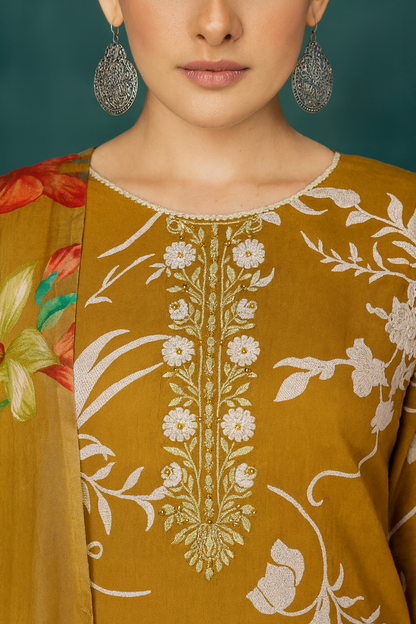 Mustard Yellow Unstitched Cambric Suit Set with Floral Printed Dupatta