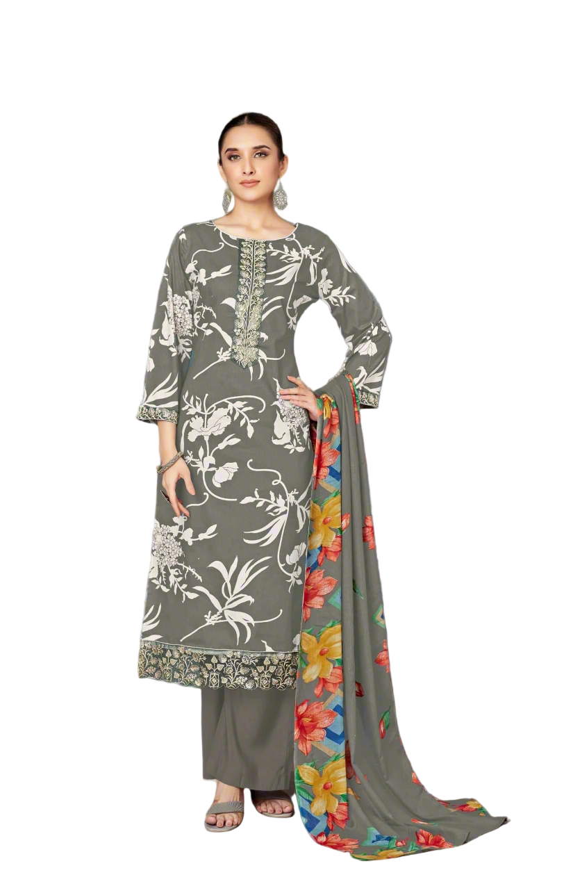 Elegant Grey Unstitched Cambric Suit Set with Floral Printed Dupatta