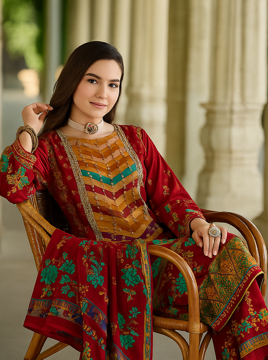 Maroon Unstitched Cotton Suit with Zarkan Work – Premium 3 Piece Ethnic Set
