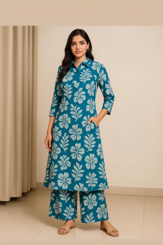 Teal Blue & White Floral Printed Cotton Co-ord Set for Women – Stylish Kurta and Palazzo Pants