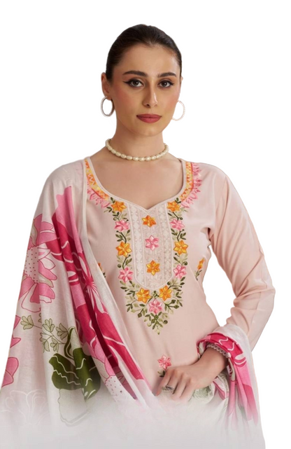 Premium Rayon Suit Set with Embroidery & Lace Dupatta – Unstitched 3-Piece