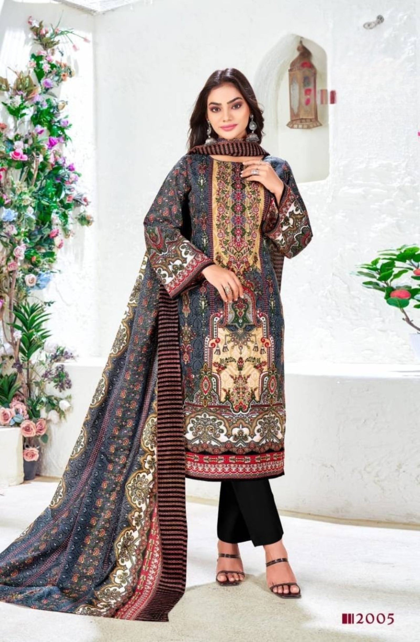 Elegant Black Multicolor Cotton Suit – Pakistani Print Unstitched Dress Material