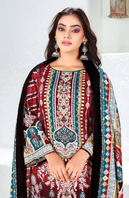 Maroon Printed Pakistani Cotton Suit – Unstitched Dress Set