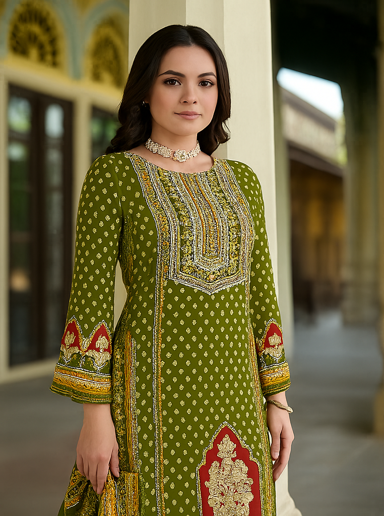 Olive Green Cotton Suit with Zarkan Work – Unstitched Premium Ethnic Wear