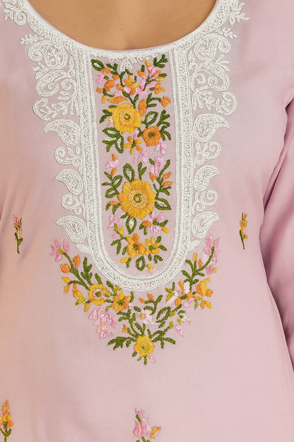 Elegant Lavender Pink Rayon Embroidered Suit Set with Floral Printed Dupatta – Unstitched (3-Piece)