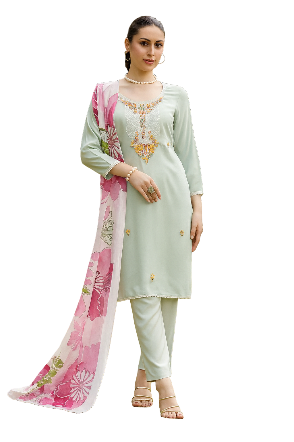 Pastel Green Rayon Embroidered Suit with Printed Dupatta – Unstitched 3-Piece Dress Material