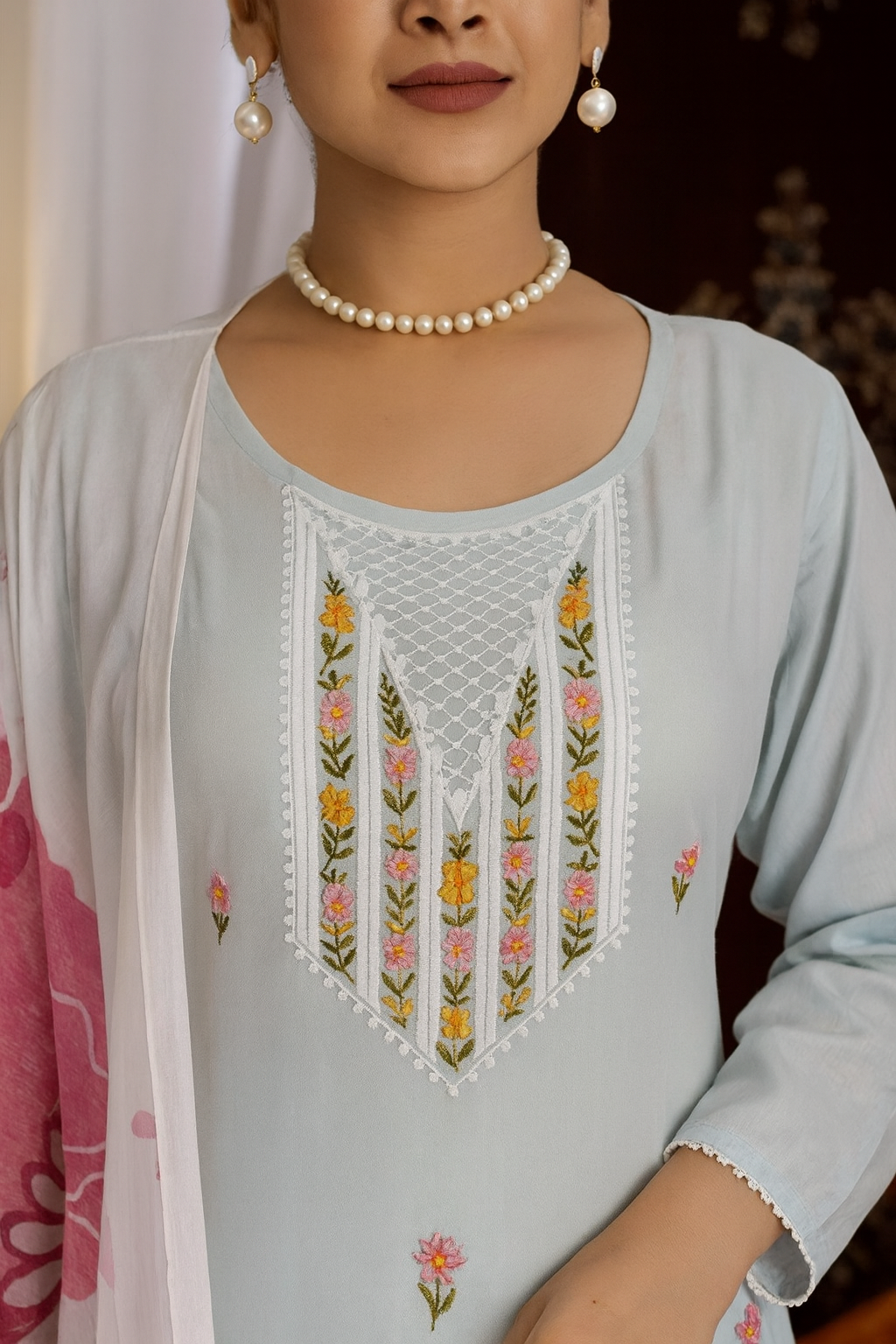 Pastel Blue Unstitched Rayon Embroidered Suit Set with Floral Printed Dupatta