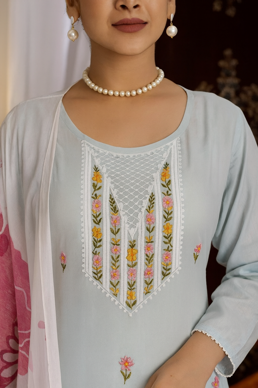 Pastel Blue Unstitched Rayon Embroidered Suit Set with Floral Printed Dupatta