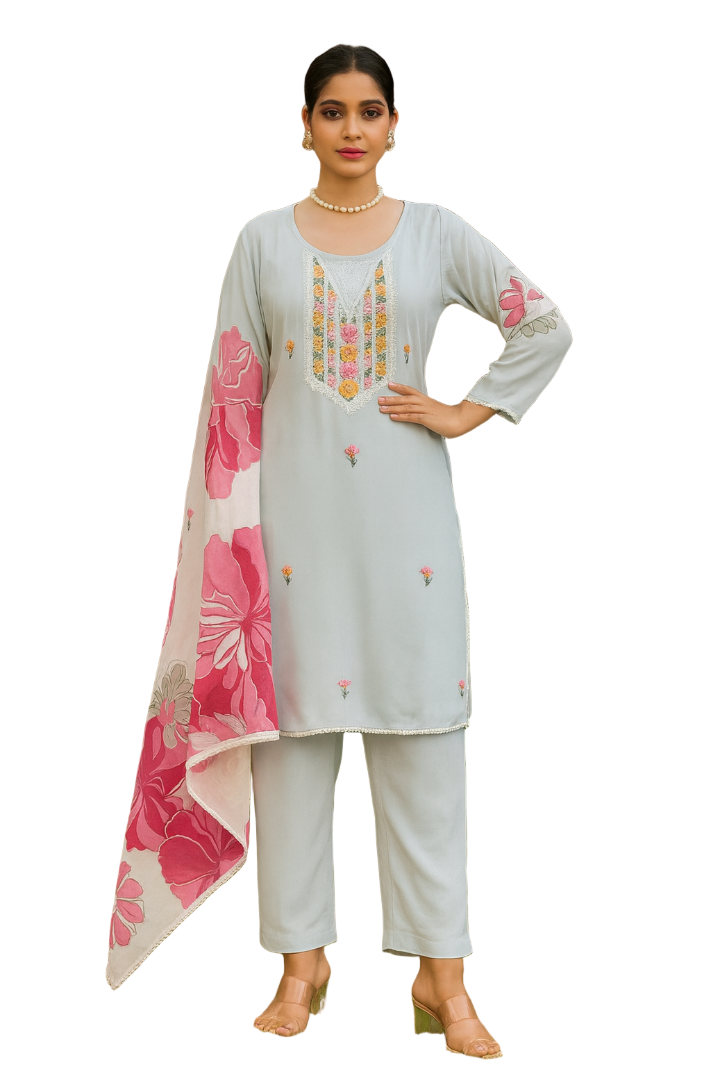 Pastel Blue Unstitched Rayon Embroidered Suit Set with Floral Printed Dupatta