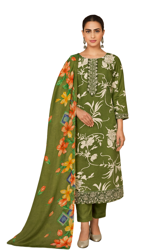 Olive Green Unstitched Cambric Suit Set with Floral Printed Dupatta