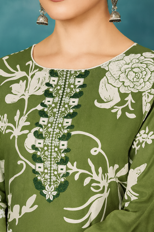 Olive Green Unstitched Cambric Suit Set with Floral Printed Dupatta